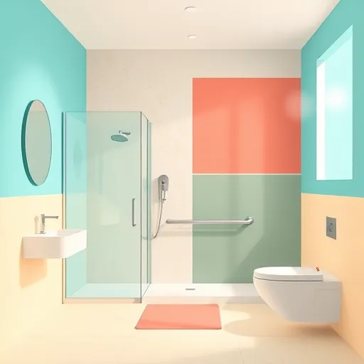 A vibrant, sleek illustration of a modern accessible bathroom remodel rendered in a ColorFieldPainting style with bold color blocks and smooth gradients. The spacious bathroom features minimalist design elements, including a large walk-in shower with glass doors, a low-rise sink with easy-to-reach controls, and securely integrated grab bars. The color palette comprises soothing aquamarine, soft beige, and gentle terracotta, accented by lively yellow tones that add warmth. In the background, muted blue and green abstract blocks evoke a calm, serene atmosphere, while a playful floating soap dispenser shaped like a smiling cartoon character adds personality. Subtle coral and lime green highlights emphasize ergonomic features and contemporary design. Soft, bright lighting with abstract spots suggests natural sunlight, creating a welcoming and inspiring environment that demonstrates how accessible bathroom renovations can be both functional and aesthetically pleasing.
