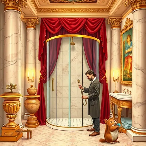 A detailed Renaissance-style illustration depicting the installation of a modern roll-in shower in an elegant, classical bathroom. The scene features an artisan workshop with a master craftsman dressed in period attire carefully assembling a sleek glass shower unit with polished brass fixtures and smooth tiles. The luxurious setting includes intricate marble columns, ornate gilded moldings, and elaborate frescoes illustrating mythic water scenes, enhancing the artistic grandeur. Playful elements such as tiny cherubs peeking from behind decorative urns and a whimsical squirrel holding a miniature wrench add charm. Warm, candle-like lighting highlights the craftsmanship, with a rich color palette of deep reds, creamy beiges, and lush golds, evoking timeless elegance. A plush velvet curtain drapes in the background, blending themes of water, cleanliness, and artistic sophistication in this inspiring bathroom upgrade scene.