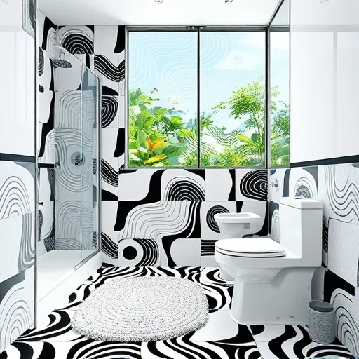 A vibrant bathroom scene inspired by OpArt, designed to highlight aging-in-place remodeling features. The room is adorned with bold black-and-white geometric tiles on the walls and floor, creating optical illusions of depth and movement that symbolize adaptable, accessible design. Fixtures such as a walk-in shower, minimalist accessible sink, and comfort-height toilet are rendered with clean, modern contours, emphasizing ease of use and contemporary style. Playful safety elements like grab bars are integrated as abstract decorative patterns, while textured surfaces with swirling OpArt designs invite tactile interaction, reinforcing safety and comfort. Large window-like openings reveal a stylized garden outside, featuring maze-like foliage patterns that blend nature with innovative design. whimsical touches include floating soap bubbles with reflections and a patterned rug that appears to ripple with the optical illusions, adding personality and a lively, reassuring atmosphere. The overall composition showcases a harmonious balance of safety, style, and ingenuity through dynamic patterns and subtle details, conveying an inviting, up-to-date approach to aging-in-place bathroom remodeling.