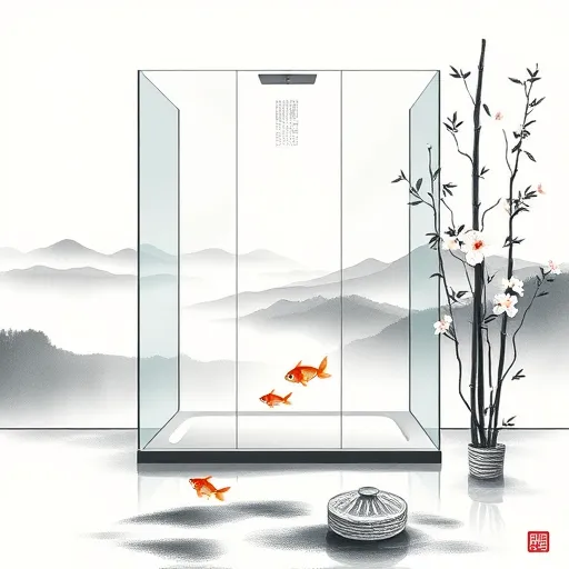 A tranquil and elegant depiction of barrier-free shower installation illustrated in traditional Chinese brush painting style. The scene features a modern, minimalist bathroom with a sleek, clear glass shower enclosure rendered with flowing ink lines that highlight smooth, natural curves. Soft water sprays arch gracefully inside the shower, symbolizing serenity and accessibility. The floor seamlessly blends into the environment with gentle ripples and subtle textures, conveying fluidity and ease of movement. Surrounding the shower are elegant bamboo stalks and delicate plum blossoms, adding traditional charm and vitality. Whimsical tiny fish swim beneath the glass, with playful ink splashes on their scales, representing freedom and barrier removal. In the background, a peaceful misty landscape with distant mountains softly merging into the sky evokes calmness and harmony. The color palette features muted blacks, soft greys, and gentle ink washes accented with muted greens and pale roses, emphasizing understated elegance. This artistic composition serves as a visual metaphor for barrier-free, accessible shower installations that combine functionality with aesthetic grace, promoting inclusivity and comfort.