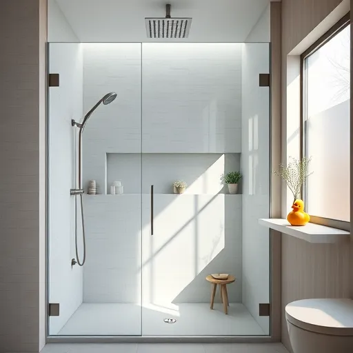 A visually striking blog cover featuring a custom walk-in shower design rendered in SocialRealism style, showcasing a modern, spacious bathroom with sleek fixtures and a large glass shower enclosure. The shower interior is detailed with textured mosaic tiles and a luxurious rainfall showerhead, creating a tranquil atmosphere. Built-in niches hold plush soap and small plants, adding charm and a natural touch. Natural light streams through a frosted window, casting soft shadows that highlight craftsmanship, complemented by subtle overhead LED lighting. Quirky decor elements like a vintage rubber duck and artisanal soap add personality to the sophisticated setting. The background hints at an urban apartment or boutique hotel bathroom with minimalist artwork and textured wall panels, emphasizing the elegance and customizable options of modern walk-in shower designs. Overall, the scene conveys a calm, inviting, and refined ambiance ideal for inspiration in contemporary bathroom renovation and design.