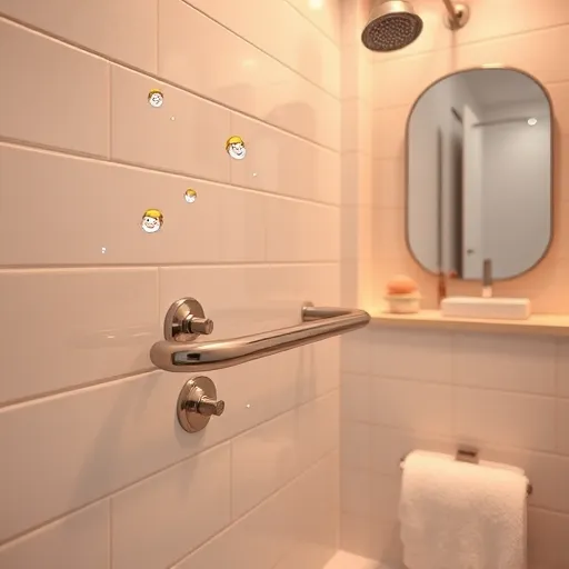 A vibrant, detailed scene of safety grab bar installation in a modern, cozy bathroom. The image features a sleek, shiny metal grab bar being precisely anchored into a smooth tiled wall with subtle reflections that highlight cleanliness. Surrounding the installation are plush pastel-colored towels and a softly illuminated mirror, emphasizing comfort and safety in daily routines. In the background, a minimal shower nook with gentle water ripple effects adds depth. Whimsical safety icons, such as smiling showerheads and cheerful water droplets with safety helmets, are subtly integrated into the tiles, adding playful personality. Soft, focused lighting creates a warm, trustworthy atmosphere, with luminous, surreal accents and shimmering reflections evoking innovation in home safety. The overall composition blends technical craftsmanship with artistic whimsy, conveying confidence in stylish, secure home improvements in a warm, inviting setting—all without human figures.