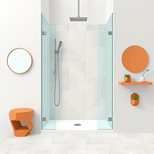A modern, minimalist bathroom featuring a sleek curbless shower with seamless transition from floor to shower area. The design showcases smooth, clean lines and bold geometric shapes typical of Bauhaus style, including square and rectangular tiles arranged in overlapping patterns, complemented by playful curves. The color palette consists of soft grays, warm terracottas, and crisp whites, creating a calm and inviting atmosphere. The open shower space is enclosed with a transparent glass panel with simple framing, decorated with water droplets that add a sense of freshness. Streamlined fixtures, such as minimalist knobs and a rainfall showerhead, enhance the contemporary aesthetic. Surrounding the shower are abstract geometric décor elements, including circular mirrors, angular shelving with a tiny potted succulent, and a geometric soap dish, adding visual interest and personality. The background features tile patterns echoing Bauhaus principles—possibly a grid or contrasting shapes—set against a neutral wall to emphasize clean lines. This stylized, flat Bauhaus-inspired scene highlights the elegance, functionality, and quirky charm of a curbless shower installation in a professional yet approachable tone.
