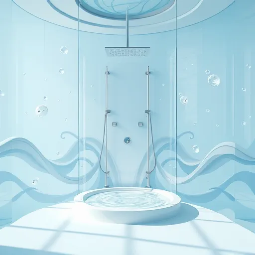 A modern, futuristic bathroom featuring a low-threshold, minimalist shower with transparent glass walls and sleek, curved design. The shower showcases intricate water flow patterns that appear suspended mid-air, shimmering with iridescence. Surrounding the installation are dynamic, swirling motifs of abstract water droplets that evoke movement, combined with smooth, organic shapes inspired by ocean waves and river currents, creating a tranquil and accessible atmosphere. The spacious, airy environment is illuminated by natural light filtering through translucent panels, casting gentle reflections across the scene. Playful touches include floating soap bubbles with tiny faces and whimsical, glowing water sprite figures resembling delicate aquatic creatures, adding personality and humor. Subtle shading and fluid lines emphasize the sense of innovation and fluidity, blending practicality with imaginative aesthetics, and conveying a serene, inspiring mood that transforms everyday bathroom routines into extraordinary visual experiences.
