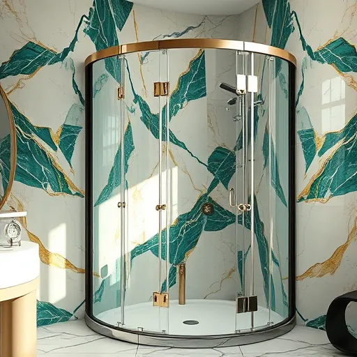 A sleek, stylized bathroom scene in the elegant Art Deco style featuring a modern shower enclosure with a shimmering glass door adorned with intricate geometric patterns and metallic accents. The bathroom exudes sophistication with polished chrome fixtures and angular, symmetrical lines that emphasize luxury and precision. The background showcases a luxurious marble wall with bold, contrasting veining in deep emerald green and gold, adding richness and refinement. Playful, quirky details include a tiny vintage clock on a chrome shelf, a curved pipe resembling a musical note, and a subtle geometric spiderweb pattern embedded in the tile design. Warm lighting mimics golden hour glow, casting inviting highlights over the glass and metal surfaces, creating an inviting shimmer symbolizing clarity and renewal. The overall atmosphere reflects meticulous craftsmanship and innovation, blending Art Deco glamour with a touch of personality, perfect for a blog cover about shower door installation. The color palette features rich emerald greens, glittering gold accents, soft whites, and metallic silvers, all rendered with clean, bold lines and symmetrical embellishments characteristic of Art Deco design.