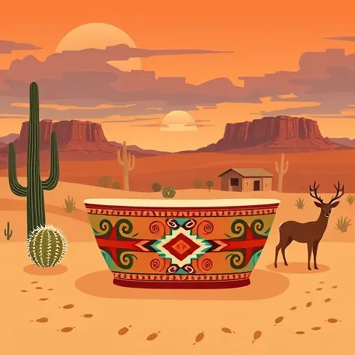 A vibrant blog cover image illustrating "Walk-In Tub Remodeling" in a Native American Art style, featuring bold geometric shapes, intricate patterns, and culturally rich motifs. In the foreground, a beautifully crafted walk-in tub decorated with traditional Native American designs in earthy terracotta, turquoise, and deep red hues, adorned with swirling Navajo textile patterns and feather-like motifs. Surrounding the tub are stylized desert plants, such as zigzag-spined saguaro cacti and angular prickly pear pads, rendered in flat contrasting colors with bold black outlines, creating a southwestern natural ambiance. The background showcases a desert landscape with layered, angular cloud formations under a warm sunset sky of orange, amber, and muted purple tones, highlighting towering mesas with stratified layers. Whimsical animal footprints hint at desert wildlife, while a cozy, adobe-inspired shelter decorated with Native patterns adds a welcoming touch. Soft shadows suggest the gentle glow of sunset, emphasizing craftsmanship, cultural artistry, and modern bathroom comfort through a harmonious blend of nature and tradition in a lively, culturally respectful style.