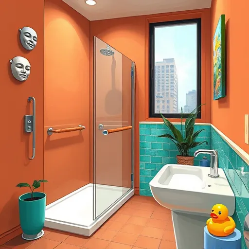 A vibrant, expressionist-style illustration of an accessible, aging-in-place bathroom remodel, featuring bold brushstrokes and exaggerated proportions. The spacious, modern bathroom includes a wide walk-in shower with a low threshold, a sturdy grab bar in warm tones, and an ergonomic sink with accessible controls. Warm terracotta wall colors contrast with bright turquoise tiles and accessories, creating a welcoming atmosphere focused on safety and comfort. Quirky details such as oversized wall masks symbolizing protection and an exaggerated houseplant add personality. Soft, diffuse lighting casts a gentle glow, enhancing the joyful and reassuring mood. The background shows a blurred cityscape through an urban apartment window, emphasizing adaptation in a lively environment. A cheerful rubber duck in the corner adds a playful touch. The scene combines functional design with a cozy, optimistic vibe, celebrating accessible, stylish bathroom renovations tailored for aging-in-place living.