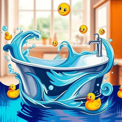 A vibrant, expressive scene of a walk-in hydrotherapy tub depicted in bold brushstrokes characteristic of Expressionism. The exaggerated tub features flowing, swirling lines emphasizing its inviting curves, filled with shimmering, animated water rippling with energy. Bright contrasting hues of deep blues, radiant aquas, and lively turquoises create a calming yet invigorating atmosphere, suggesting relaxation and renewal. The surrounding stylized bathroom environment blends warm oranges and soothing lavenders, with whimsical details like steam spirals, playful water bubbles with faces, and floating rubber ducks with exaggerated expressions. Abstract symbols of health, such as tiny hearts and smiley faces, are intertwined within the lively water movement. The background features exaggerated geometric shapes and bold lines, evoking a modern bathroom setting with a lively, energetic vibe. Radiant abstract light streaks enhance the therapeutic and revitalizing qualities of hydrotherapy, capturing a playful, imaginative spirit in a visually striking, emotionally engaging Expressionist style.