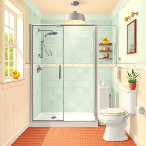 A vibrant SocialRealism-style illustration of a redesigned senior bathroom emphasizing accessibility and comfort. The scene features a modern walk-in shower with grab bars, a fold-down seat, and non-slip textured flooring in warm earth tones. The bathroom walls display cheerful, subtle patterns with abstract floral or geometric designs. Decorative details include a vintage rubber duck on a shelf, a potted plant, and a stylish, energy-efficient lamp casting a warm glow. Soft, diffused lighting highlights the practical and inviting space, with a background view of a tidy bathroom illuminated by natural light from a window revealing a lush garden outside. The color palette comprises calming mint greens, soft beiges, and warm terracotta accents, creating a cozy, safe atmosphere. The composition combines realistic detail with a stylized aesthetic to convey transformation and improved livability for senior residents through thoughtful bathroom remodeling.