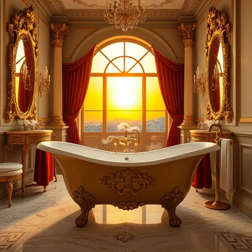 A luxurious, Baroque-inspired bathroom scene showcasing the installation of a walk-in tub. The focal point is an ornate vintage bathtub with detailed gilded carvings, positioned on a richly patterned marble floor. Surrounding the tub are elaborate gold-framed mirrors reflecting soft ambient light, and decorative rolls of plush, velvety fabric draped over antique fixtures. Artistic steam curls from a temperature control faucet evoke Baroque drama, while whimsical details include tiny cherubs holding plumbing tools and golden pipes with valves, adding a playful touch. In the background, a grand arched window with heavy velvet drapes is partially open, revealing a radiant golden sunset sky, bathing the room in warm light. The scene features deep gold, crimson, and royal blue tones, with ornate ceiling moldings and flickering candle-like fixtures enhancing the dramatic, opulent atmosphere. Overall, the image blends luxurious craftsmanship with artistic flair, capturing the elegant and transformative experience of walk-in tub installation in a timeless, regal setting.