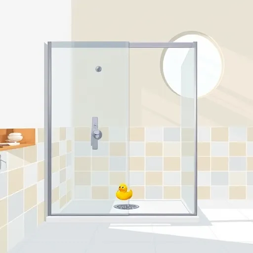 A sleek, minimalist Bauhaus-style illustration of a modern low-threshold shower installation in a bright, airy bathroom. The shower features an angular, streamlined frame with a transparent glass door, showcasing clean lines, smooth surfaces, and bold geometric shapes like rectangles and circles. A floating rubber duck with exaggerated features adds playful humor to the otherwise serious, functional design. The stylized tiled wall displays uniform, colorful geometric tiles in soft blues, mustard yellows, and warm grays, evoking calmness with subtle vibrancy. Behind, a rounded-edged window casts soft, abstract light patterns across the space, enhancing an open, inviting atmosphere. The image emphasizes bold shapes, strong lines, and a balanced aesthetic that combines practicality with whimsical charm.