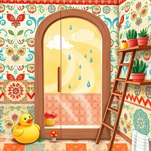 A vibrant FolkArt-style illustration depicting a whimsical bathroom scene centered around walk-in shower installation. The cozy bathroom features exaggerated rounded shapes and bold, colorful patterns characteristic of FolkArt. The focal point is a large, transparent walk-in shower frame made of decorated wooden beams painted with cheerful motifs like floral swirls, birds, and geometric designs, evoking handcrafted warmth. Inside the shower, playful water droplets in lively blues and whites float mid-air, some shaped like tiny boats or leaves, adding quirky charm. Surrounding the shower are intricate tile patterns in bright reds, yellows, and teals inspired by folk embroidery, enhancing the lively, artistic atmosphere. In the background, patterned tiles and vintage-style shelves hold cheerful potted plants, sponges, and rustic tools, emphasizing a handcrafted, homey ambiance. A whimsical ladder with uneven rungs leans against the wall, suggesting DIY installation. Soft, swirling steam rises from the shower into a sunny yellow and coral sky visible through a vintage window with decorative iron grilles. Light filters through, casting textured shadows and adding depth. The scene is playful and inviting, featuring a tiny smiling rubber duck on the shower edge and a cheerful rain cloud overhead, symbolizing water and cleanliness. The color palette includes reds, blues, yellows, and greens, creating an energetic yet cozy mood. The artwork emphasizes bold outlines, rich patterns, and handcrafted details typical of FolkArt, blending rustic charm with artistic inspiration—perfect for illustrating walk-in shower installation with a fun, creative twist.