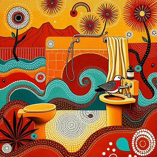 A vibrant Aboriginal-inspired artwork depicting an accessible bathroom remodeling scene, featuring swirling patterns, geometric motifs, and dot painting techniques. The redesigned bathroom showcases smooth, accessible features such as a wide, curbless shower, ergonomic fixtures, and grab bars decorated with traditional dot motifs, symbolizing inclusivity. Surrounding elements include abstract water and nature motifs like waves, rain, and flowing rivers in earthy ochre, rust, and terracotta tones accented with bright turquoise and white. The background blends desert landscapes with lush flora, rendered with dotted textures and concentric circles, creating a serene and harmonious environment. Playful animal motifs, such as a smiling kookaburra perched on a stylized faucet, and whimsical details like footprints and water droplets, add personality and movement. The overall mood is calm and welcoming, celebrating thoughtful, culturally rich design that embraces modern accessibility. The intricate dot painting style and textured layers enhance the visual appeal, with warm lighting emphasizing features of comfort and community.