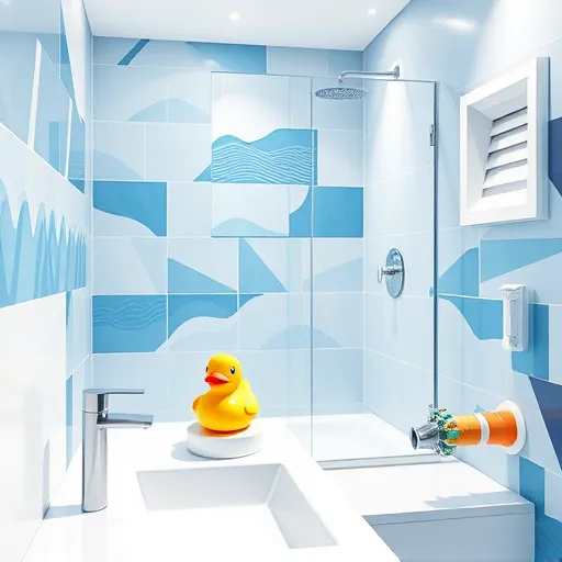 A contemporary waterproof bathroom remodeling scene depicted in a GeometricAbstraction style, featuring sleek geometric shapes and bold lines. The image showcases stylized, angular tiles in shades of cool blues, white, and gray, emphasizing cleanliness and durability. A shimmering glass shower enclosure reflects light, conveying transparency and freshness. Angular soap dispensers and geometric faucet fixtures add playful complexity, while abstract water waves and droplets suggest moisture resistance. Quirky details include a cartoonish rubber duck with exaggerated geometric features sitting on a minimalist soap dish, and a zigzagging bathroom pipe composed of brightly colored segments, adding a whimsical touch. The environment includes streamlined countertops, a modern sink base, and abstracted ventilation vents resembling mechanical gears, blending functionality with artistic flair. Sharp, energetic lighting with angular highlights enhances the sense of cleanliness and rugged durability, creating a vibrant, innovative bathroom scene that combines modern design with playful, geometric aesthetics.