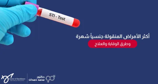 رسم توضيحي يوضح أشهر الأمراض المنقولة جنسياً مثل الكلاميديا والهاربس وداء المشعرات مع رموز للوقاية والعلاج والواقي الذكري.