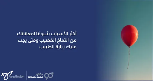 تصميم رقمي مقسم إلى جزأين؛ الجزء الأيسر بخلفية زرقاء داكنة يحتوي على نص باللغة العربية يقول: "أكثر الأسباب شيوعاً لمعاناتك من انتفاخ القضيب ومتى يجب عليك زيارة الطبيب". الجزء الأيمن يعرض بالوناً أحمر منفوخاً يطير في الهواء ليرمز إلى الانتفاخ. وفي أسفل اليسار يظهر شعار "مركز التميز لزراعة الدعامة" وشعار "دكتور محمد حمدان".