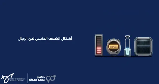 تصميم بخلفية زرقاء داكنة تظهر عليها صف من أربعة رموز أيقونية على الجانب الأيمن؛ من اليسار إلى اليمين تشمل الأيقونات: مؤشر حالة بطارية عمودي يظهر مستويات شحن منخفضة باللون الأحمر، ساعة إيقاف رقمية تعرض وقتاً قصيراً، أمبولة طبية صغيرة تحتوي على سائل أزرق متوهج، وشاشة مراقبة إلكترونية مربعة تعرض خطاً مستقيماً ثابتاً. على يسار هذه الرموز، يوجد نص باللغة العربية باللون الأبيض يقرأ "أشكال الضعف الجنسي لدى الرجال". في الزاوية السفلية اليسرى، يظهر شعاران باللون الأبيض: شعار "المركز المتميز لدعامات العضو الذكري" وشعار "دكتور محمد حمدان".