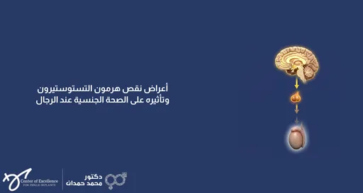 تصميم بخلفية زرقاء داكنة يتضمن على اليمين مخطَّطاً طبيّاً توضيحيّاً يبين المحور الهرموني المتسلسل، حيث يظهر رسم للدماغ (المهاد والغدة النخامية)، يمتد منه سهم يتجه لأسفل نحو الغدة النخامية المضيئة، ثم سهم آخر يتجه لأسفل نحو الخصية، لتوضيح آلية إفراز الهرمونات. على اليسار، يظهر نص باللون الأبيض: "أعراض نقص هرمون التستوستيرون وتأثيره على الصحة الجنسية عند الرجال". وفي الزاوية السفلية اليسرى تظهر شعارات "Center of Excellence" وعيادة الدكتور محمد حمدان.