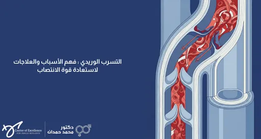 تصميم رقمي بخلفية زرقاء داكنة يعرض في جانبه الأيمن رسماً توضيحياً طبياً يُمثل تدفق خلايا الدم الحمراء داخل الأوعية الدموية والصمامات الوريدية، مع أسهم تشير إلى اتجاه التدفق لترمز إلى حالة التسرب الوريدي. يتضمن التصميم في الجانب الأيسر نصاً باللغة العربية يقول: "التسرب الوريدي: فهم الأسباب والعلاجات لاستعادة قوة الانتصاب". وفي أسفل اليسار يظهر شعار "مركز التميز لزراعة الدعامة" وشعار "دكتور محمد حمدان".