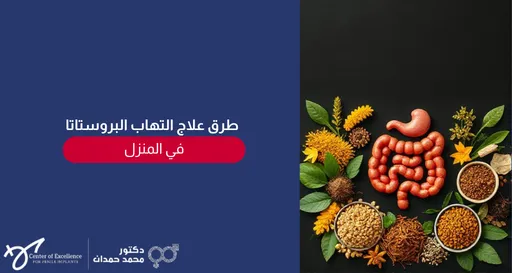 صورة إعلانية بعنوان "طرق علاج التهاب البروستاتا في المنزل"، يظهر في جانبها الأيمن مجسم للجهاز الهضمي محاط بأعشاب، زهور، وبذور طبيعية متنوعة على خلفية سوداء، مع شعار الدكتور محمد حمدان في الأسفل.