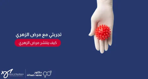 تصميم رقمي بخلفية زرقاء داكنة يعرض في جانبه الأيمن يدًا ترتدي قفازًا طبيًا أبيض وتحمل مجسمًا أحمر شائكًا يرمز إلى الفيروسات أو الميكروبات. يتضمن التصميم في الجانب الأيسر نصًا باللغة العربية يقول: "تجربتي مع مرض الزهري"، تليها عبارة "كيف ينتشر مرض الزهري" داخل مستطيل أحمر ذو زوايا مستديرة. وفي أسفل اليسار يظهر شعار "مركز التميز لزراعة الدعامة" وشعار "دكتور محمد حمدان".