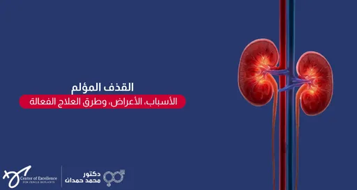 تصميم بخلفية زرقاء داكنة يتضمن على اليمين رسماً طبياً توضيحياً ومضيئاً للكليتين مع الأوعية الدموية المتصلة بهما (الشريان باللون الأحمر والوريد باللون الأزرق) والحالبين الممتدين للأسفل. على اليسار، يظهر نص باللون الأبيض: "القذف المؤلم"، تتبعه عبارة داخل مستطيل أحمر: "الأسباب، الأعراض، وطرق العلاج الفعالة". وفي الزاوية السفلية اليسرى تظهر شعارات "Center of Excellence" وعيادة الدكتور محمد حمدان.