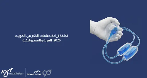 تصميم إعلاني بخلفية زرقاء داكنة موحدة. في النصف الأيمن، تظهر رسمة توضيحية ليد ترتدي قفازاً طبياً أبيض وهي تضغط على الجزء الخاص بالتحكم (المضخة) لدعامة قضيب هيدروليكية تحتوي على سائل أزرق ومتصلة بأنابيب وأسطوانات. في النصف الأيسر، يوجد عنوان مكتوب باللون الأبيض: "تكلفة زراعة دعامات الذكر في الكويت 2026: المرنة والهيدروليكية". وفي الزاوية السفلية اليسرى يظهر شعار "Center of Excellence for Penile Implants" وبجانبه اسم "دكتور محمد حمدان" مع رمزه الطبي.
