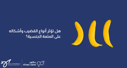 تصميم رقمي بخلفية زرقاء داكنة يعرض ثلاث موزات صفراء مرتبة أفقياً بانحناءات واتجاهات مختلفة ترمز لاختلاف الأشكال. يتضمن التصميم نصاً باللغة العربية يسأل: "هل تؤثر أنواع القضيب وأشكاله على المتعة الجنسية؟". وفي أسفل اليسار يظهر شعار "مركز التميز لزراعة الدعامة" وشعار "دكتور محمد حمدان".