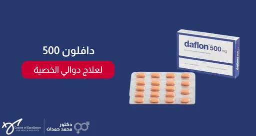 صورة إعلانية لدواء دافلون 500 مجم لعلاج دوالي الخصية، تظهر علبة الدواء وشريط الحبوب على خلفية زرقاء مع شعار الدكتور محمد حمدان.