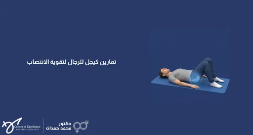 تصميم رقمي بخلفية زرقاء داكنة يعرض في جانبه الأيمن مجسماً ثلاثي الأبعاد لرجل يستلقي على ظهره فوق بساط رياضي أزرق مع ثني ركبتيه، ويظهر توهج ضوئي أزرق في منطقة الحوض لتوضيح كيفية أداء التمرين. يتضمن التصميم في الجانب الأيسر نصاً باللغة العربية يقول: "تمارين كيجل للرجال لتقوية الانتصاب". وفي أسفل اليسار يظهر شعار "مركز التميز لزراعة الدعامة" وشعار "دكتور محمد حمدان".