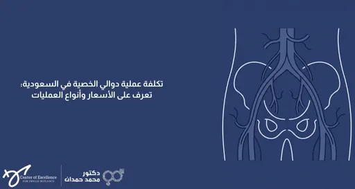 تصميم رقمي بخلفية زرقاء داكنة يعرض في جانبه الأيمن رسماً تخطيطياً طبياً مبسطاً بالخطوط البيضاء والزرقاء يوضح منطقة الحوض والأوعية الدموية والشرايين المحيطة بها. يتضمن التصميم في الجانب الأيسر نصاً باللغة العربية يقول: "تكلفة عملية دوالي الخصية في السعودية: تعرف على الأسعار وأنواع العمليات". وفي أسفل اليسار يظهر شعار "مركز التميز لزراعة الدعامة" وشعار "دكتور محمد حمدان".