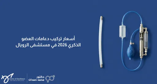أسعار تركيب دعامات العضو الذكري 2026 في مستشفى الرويال، أدوات دعامة ذكرية موضوعة على خلفية زرقاء، شرح دكتور محمد صمدات.