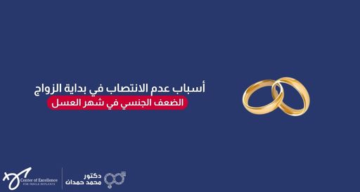 صورة إعلانية تظهر فيها دبلتان ذهبيتان متشابكتان، مع نص "أسباب عدم الانتصاب في بداية الزواج: الضعف الجنسي في شهر العسل" على خلفية زرقاء، وتحمل شعار الدكتور محمد حمدان في الأسفل.