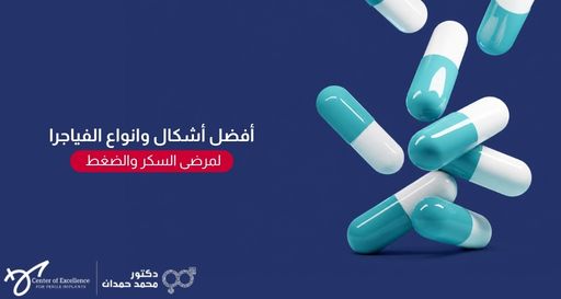 كبسولات دوائية باللونين الأبيض والأزرق الفاتح تتساقط، بجانبها نص: "أفضل أشكال وأنواع الفياجرا لمرضى السكر والضغط"، مع شعار الدكتور محمد حمدان.