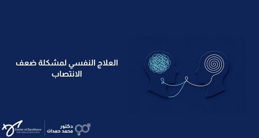 صورة بخلفية زرقاء داكنة تظهر رسمًا توضيحيًا لرمزين لوجهين متقابلين، يرمز أحدهما للأفكار المتشابكة والآخر للأفكار المرتبة متصلين بخيط، وبجانبه نص باللغة العربية: "العلاج النفسي لمشكلة ضعف الانتصاب"، مع شعار عيادة الدكتور محمد حمدان في الأسفل.