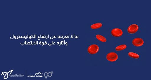 مجسمات لخلايا الدم الحمراء تطفو على خلفية زرقاء، بجانبها نص: "ما لا تعرفه عن ارتفاع الكوليسترول وآثاره على قوة الانتصاب"، مع شعار الدكتور محمد حمدان.