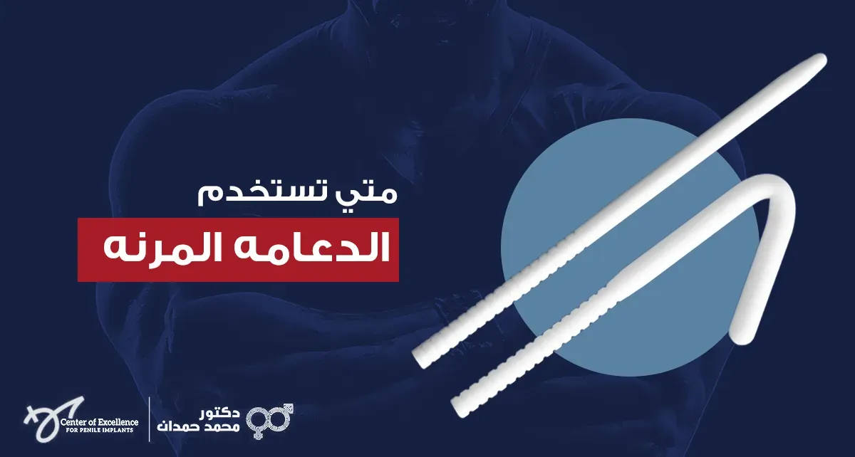 متى تستخدم الدعامة المرنة، رسم توضيحي لدعامة ذكرية مرنة على خلفية زرقاء مع جسم رجل في الخلفية، شرح دكتور محمد صمدات.