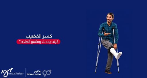 صورة بخلفية زرقاء داكنة يظهر فيها على الجانب الأيمن رجل يبتسم ويرتدي قميصاً كاروهات باللونين الأزرق والأسود، يستند على عكازين طبيين وساقه اليسرى ملفوفة بجبيرة جبسية بيضاء. على الجانب الأيسر، يوجد نص باللون الأبيض: "كسر القضيب" متبوعاً بعبارة داخل إطار أحمر: "كيف يحدث وماهو العلاج؟"، وفي الأسفل شعار "مركز التميز لزراعة الدعامات" وعيادة الدكتور محمد حمدان.