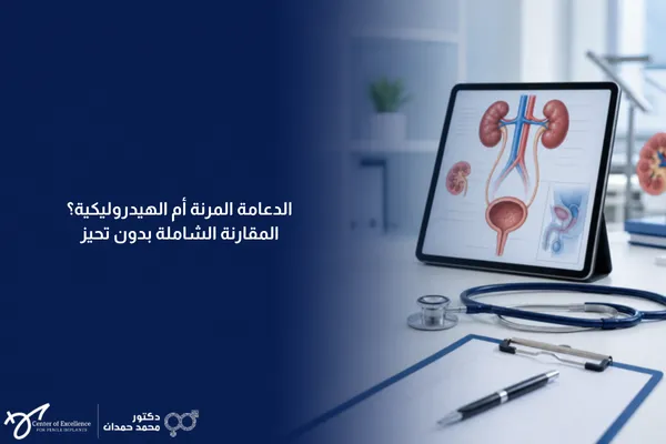 أدوات استشارة طبية في عيادة مسالك بولية تشمل رسماً توضيحياً للجهاز البولي وسماعة طبيب، تعبر عن تقييم المقارنة بين الدعامة المرنة والهيدروليكية.