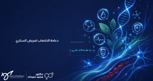دعامة الانتصاب لمريض السكري: رسم طبي يوضح استقرار الجلوكوز وصحة الأوعية الدموية وشعار الدكتور محمد حمدان