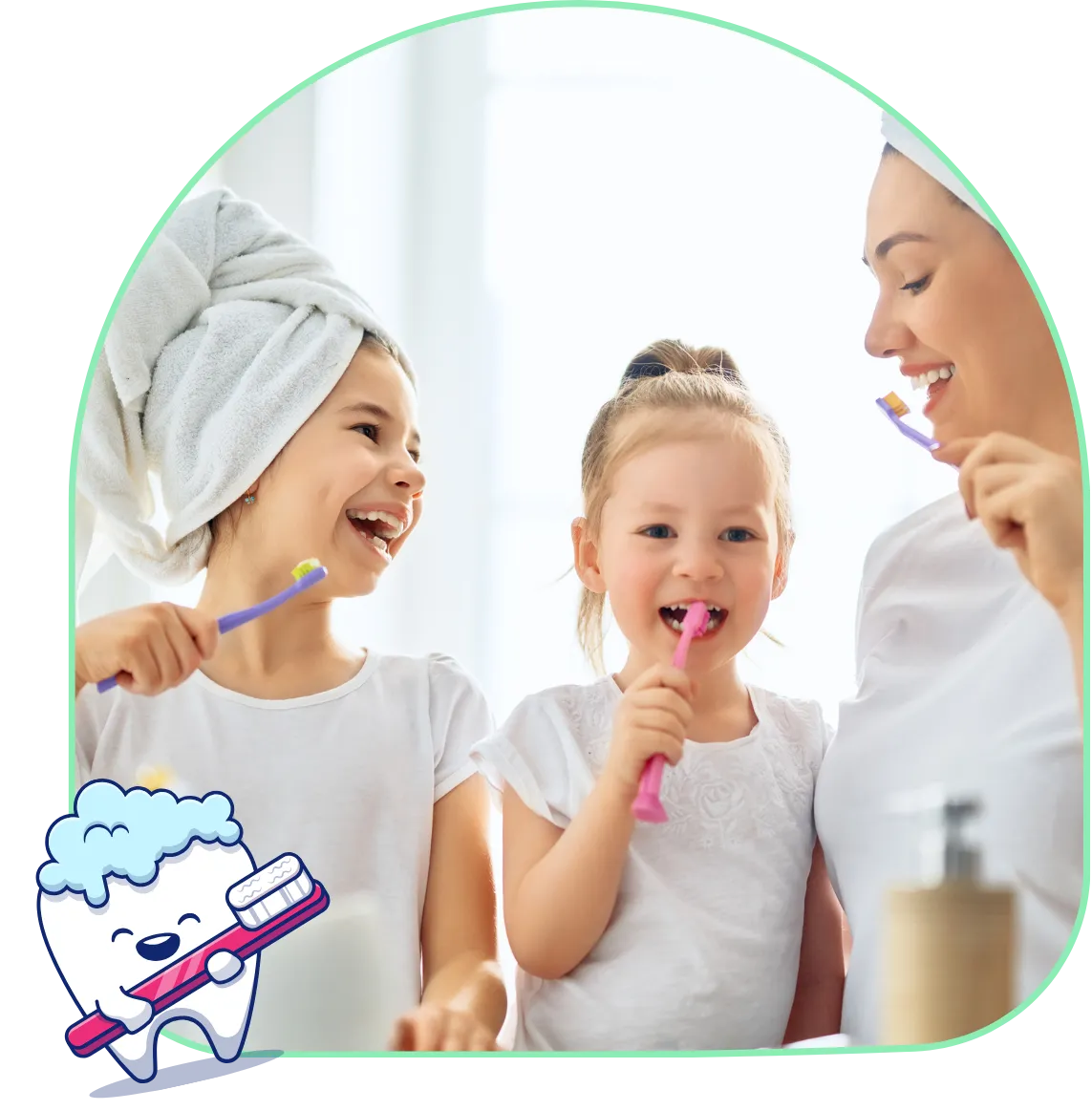 Kids brushing teeth with parents