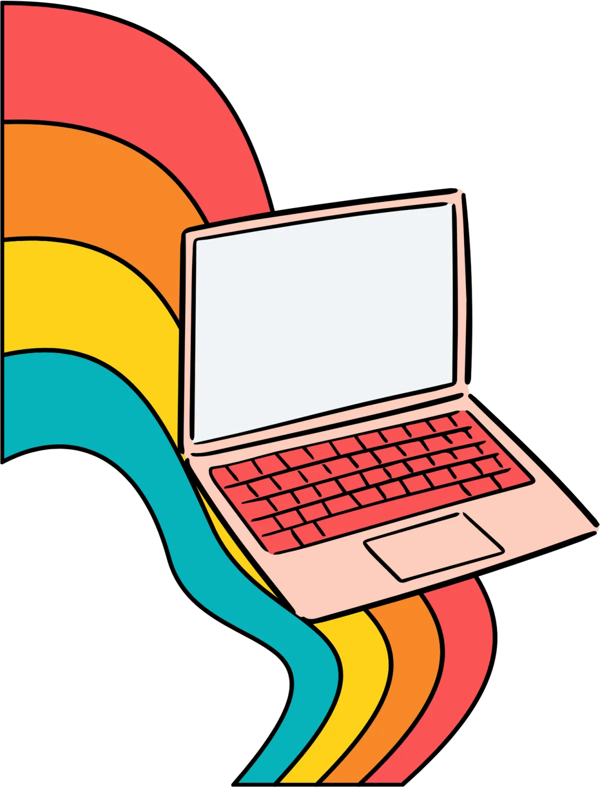 A stylized laptop with pink keys and a blank screen.