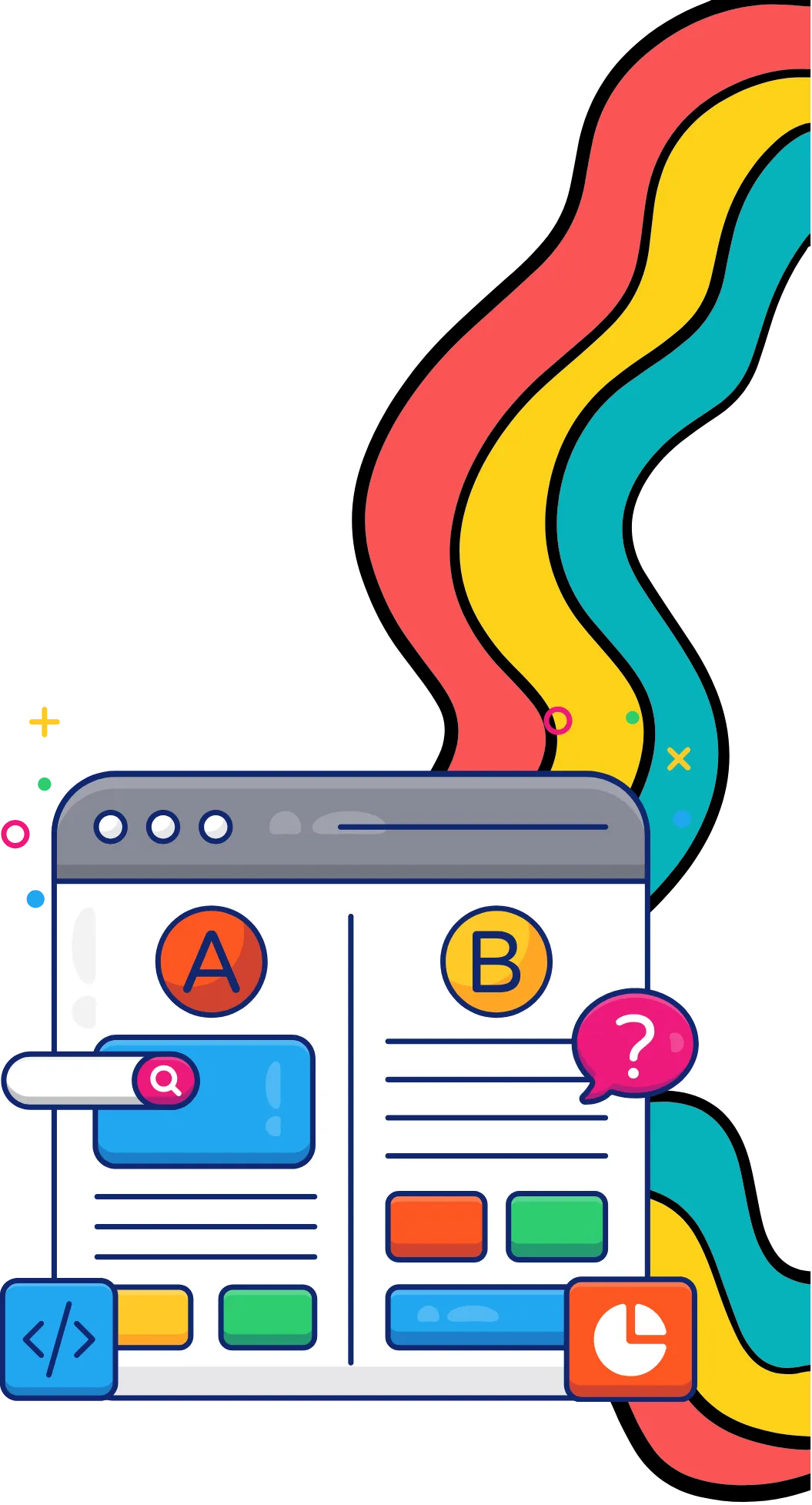 Illustration of a split A/B testing webpage with colorful abstract waves. 