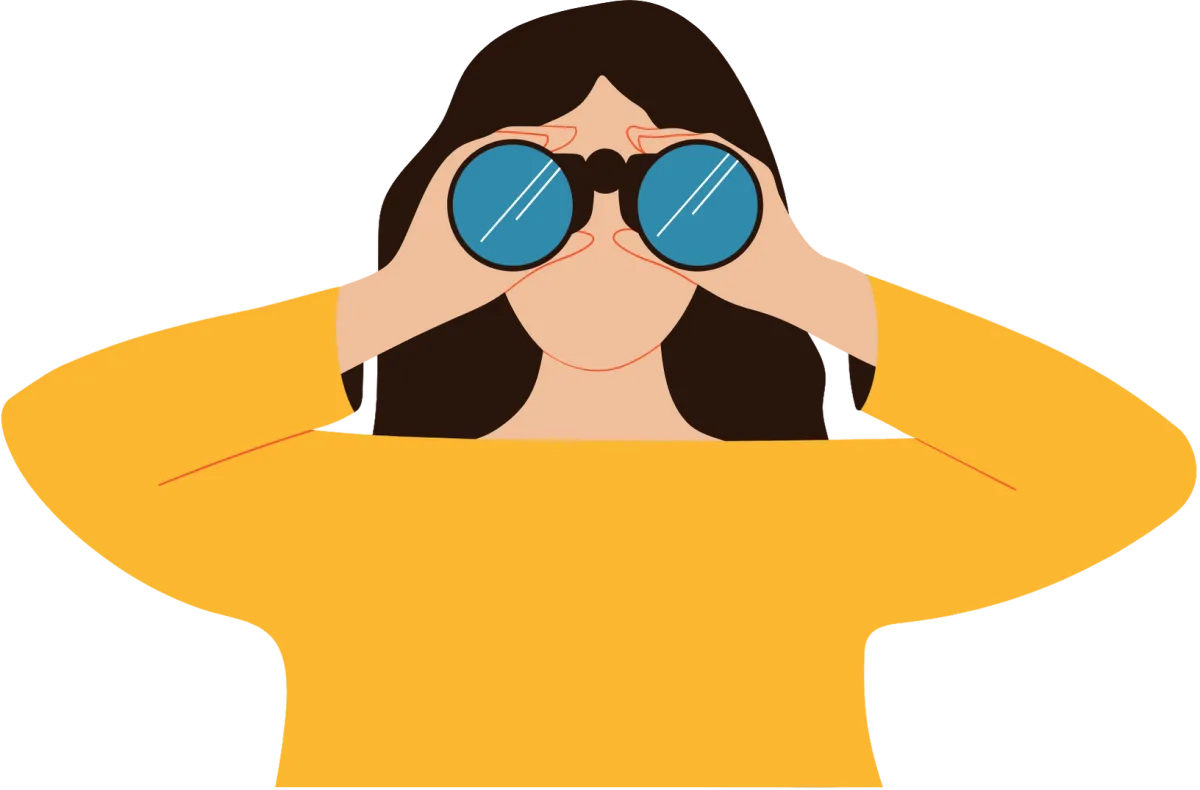 Illustration of a person with long hair in a yellow shirt looking through binoculars..