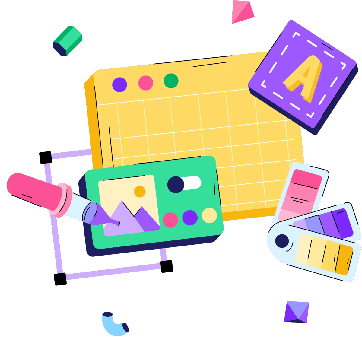 Colorful digital art tools include a palette with swatches, a pink pen, and abstract shapes.