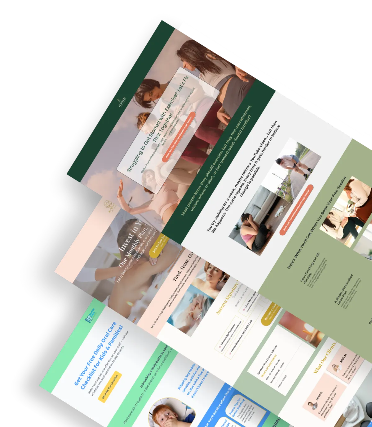 Three wellness-themed funnel pages. 