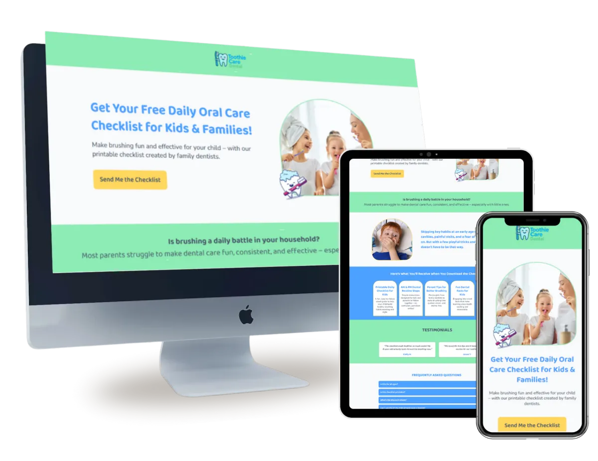 Digital screens displaying a website offering a free oral care checklist for families..