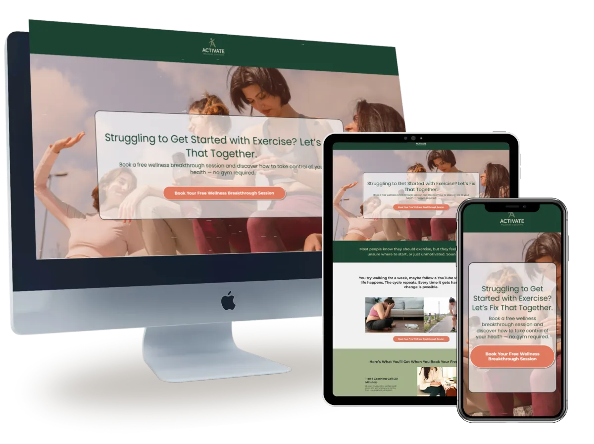 A computer, tablet, and smartphone display a fitness website featuring women exercising. 