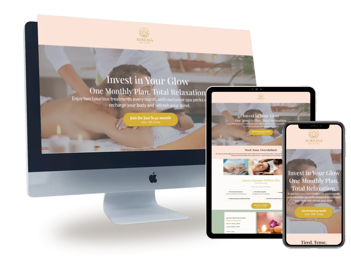 A computer, tablet, and smartphone display a spa website.