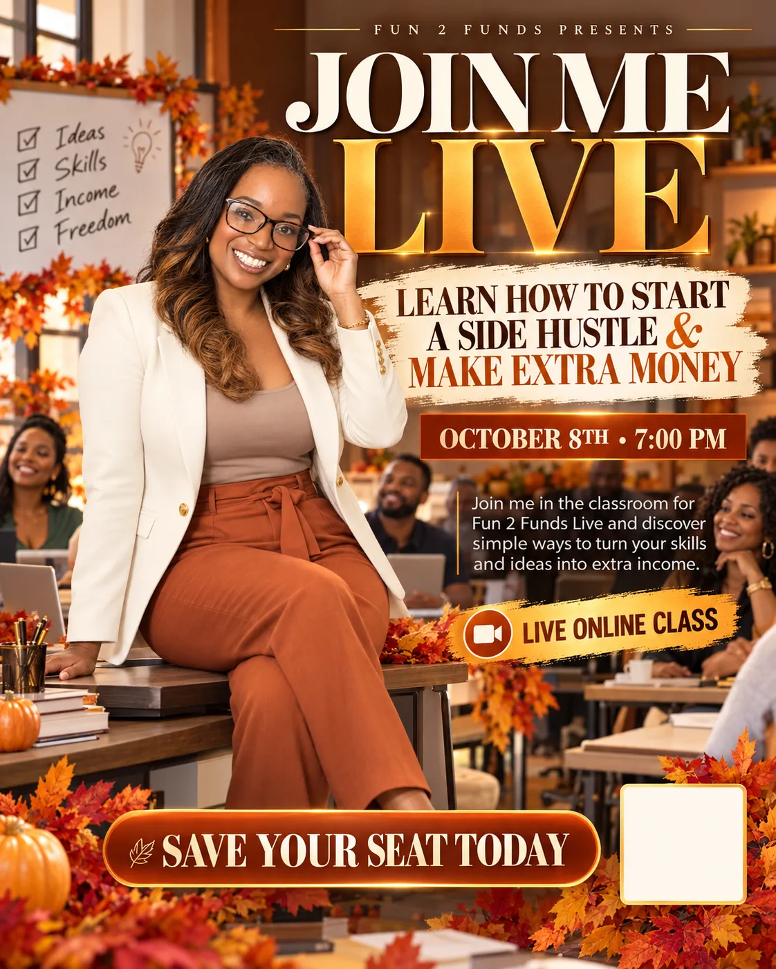 Stylish, confident woman working on laptop in a cozy autumn-lit cafe setting